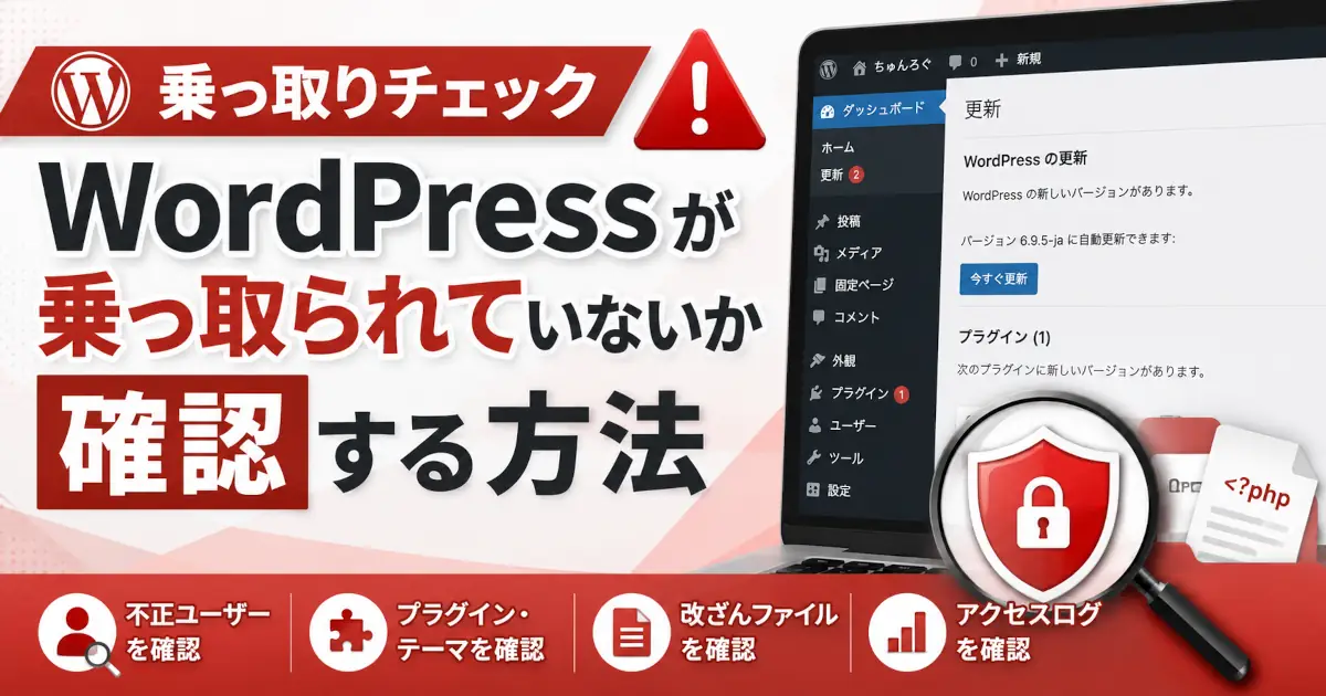 WordPressが乗っ取られていないか、不正ユーザーや改ざんファイル、アクセスログを確認する手順を示したアイキャッチ画像